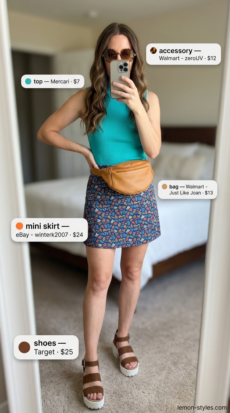 Orange floral mini skirt outfit summer 2026 with teal top and platform sandals.
