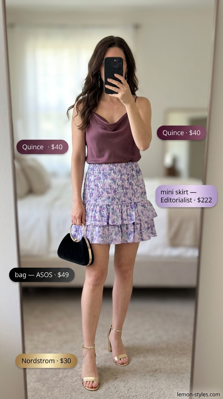 Dark floral mini skirt outfit summer 2026 with plum camisole and gold heels.