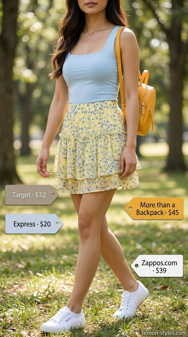 Cheerful picnic outfit with floral mini skirt, tank top, and white sneakers. Summer 2026.