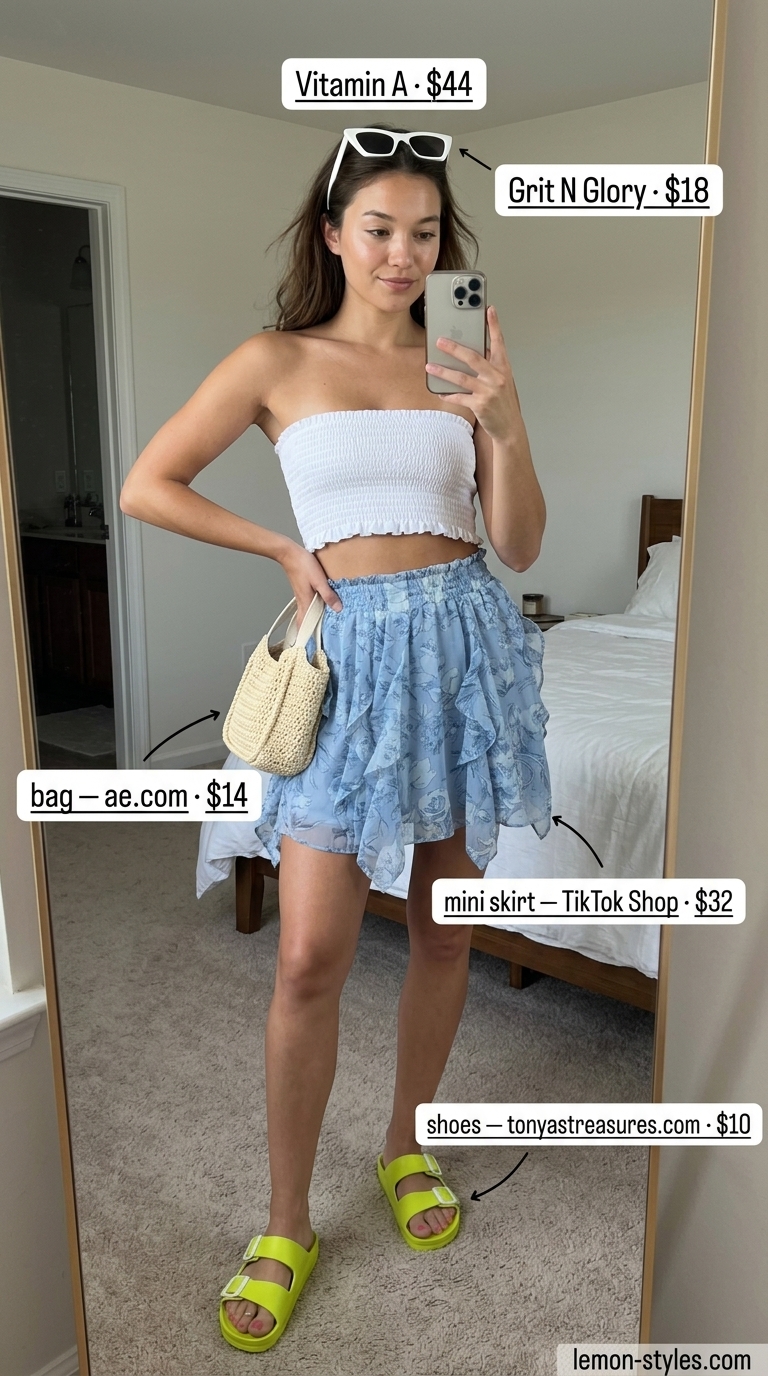 Fuchsia floral mini skirt outfit summer 2026 with white smocked top, lime green sandals, and straw tote.