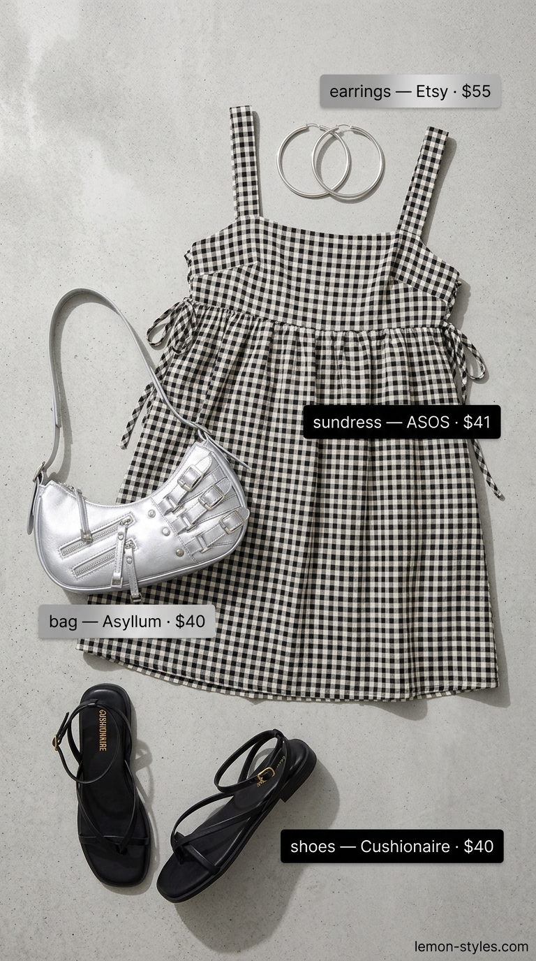 Black and white gingham sundress with black flats, silver crossbody, and hoop earrings for casual summer outfits 2026.