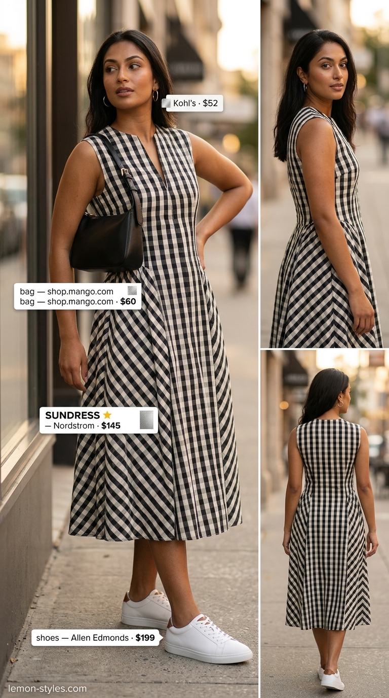 Black and white gingham A-line sundress with white sneakers and silver hoops for city outfits 2026.