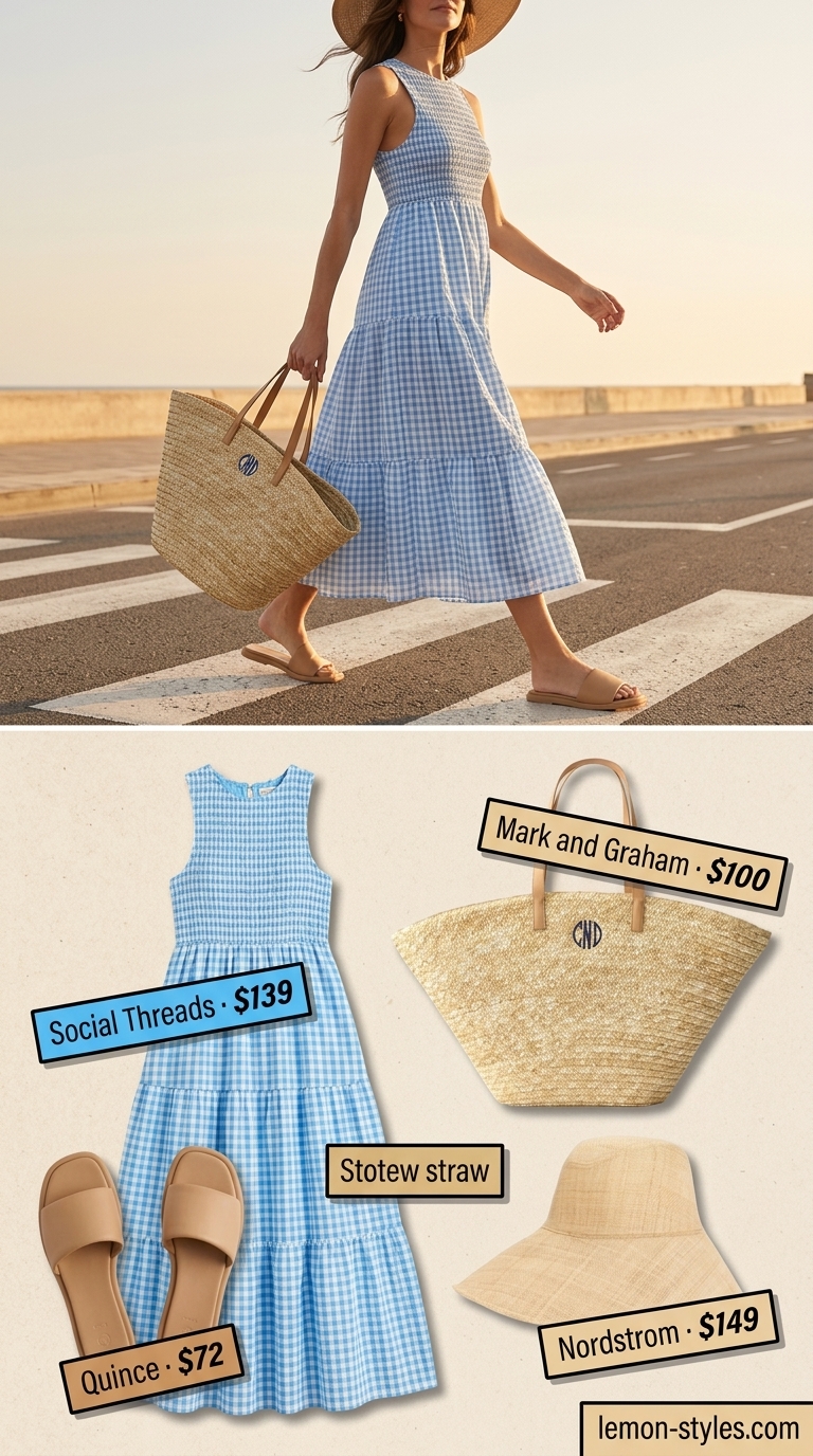 Relaxed sky blue gingham maxi sundress with straw hat & tote bag for a beach vacation. Gingham summer sundresses 2026.