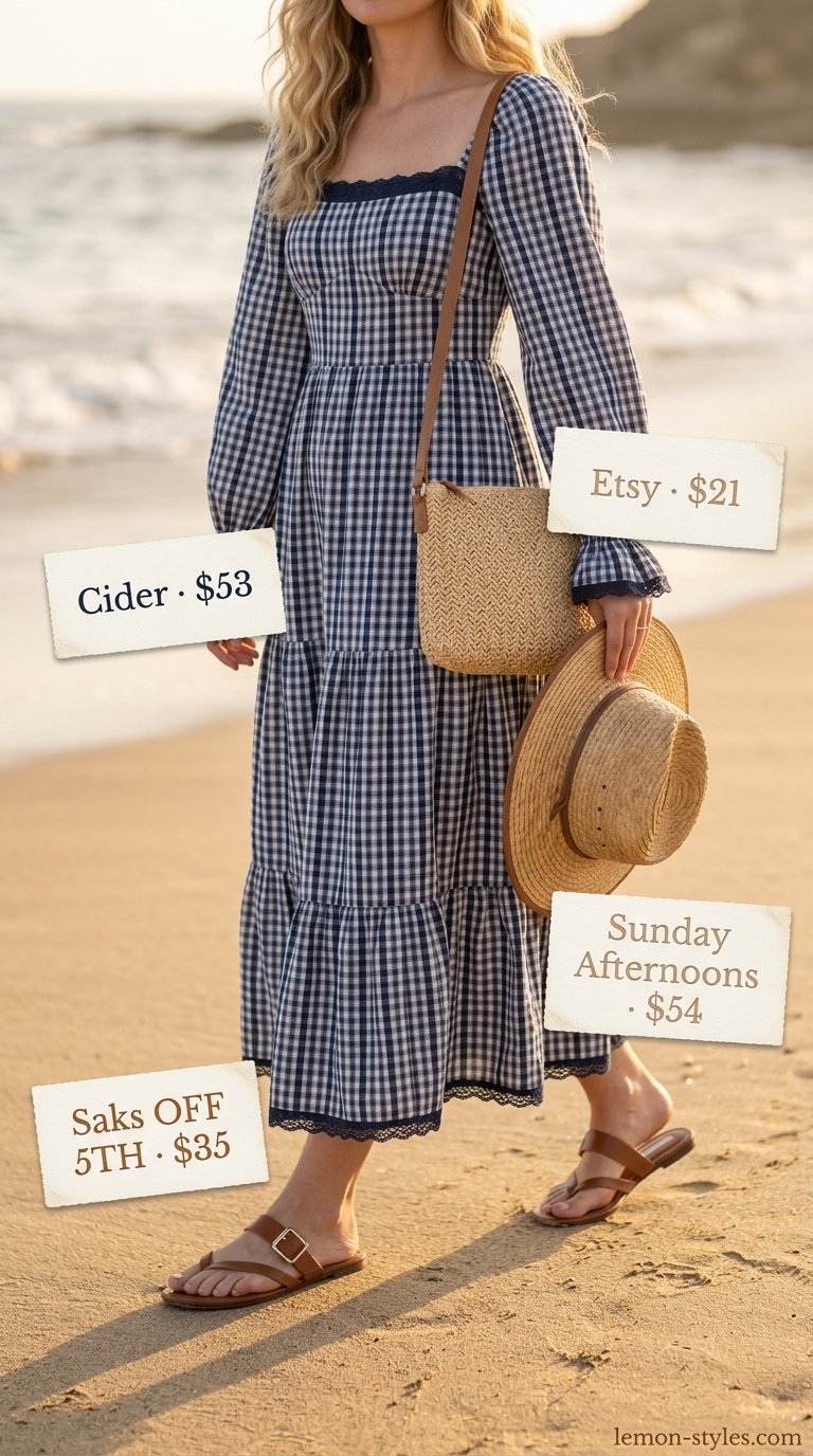 Blue gingham maxi sundress with straw hat & sandals for a relaxed beach day outfit. Gingham summer sundresses 2026.