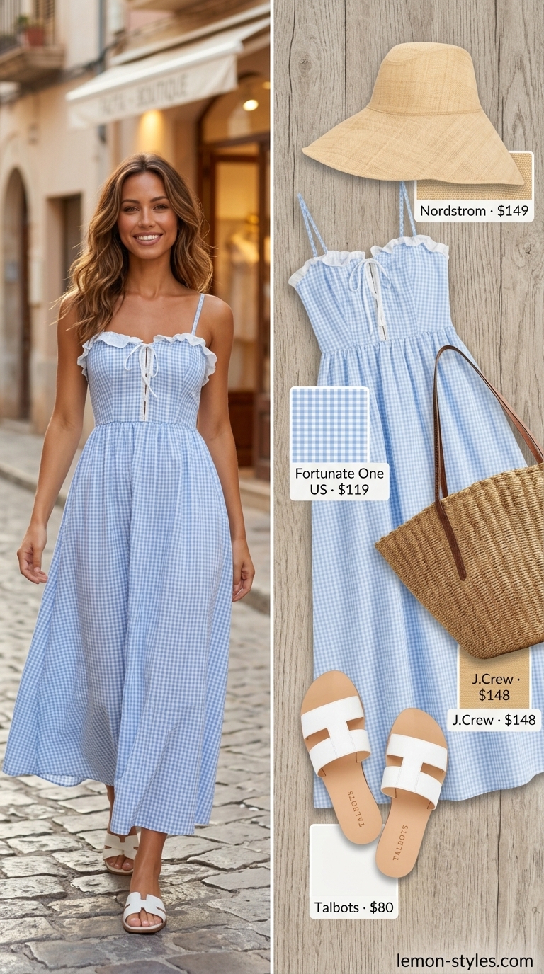 Sky blue gingham maxi sundress with straw tote, leather slides, and straw hat for coastal outfits 2026.