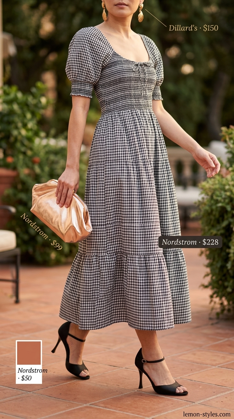 Elegant black and white gingham maxi sundress with gold accessories for a summer cocktail party. Gingham summer sundresses 2026.