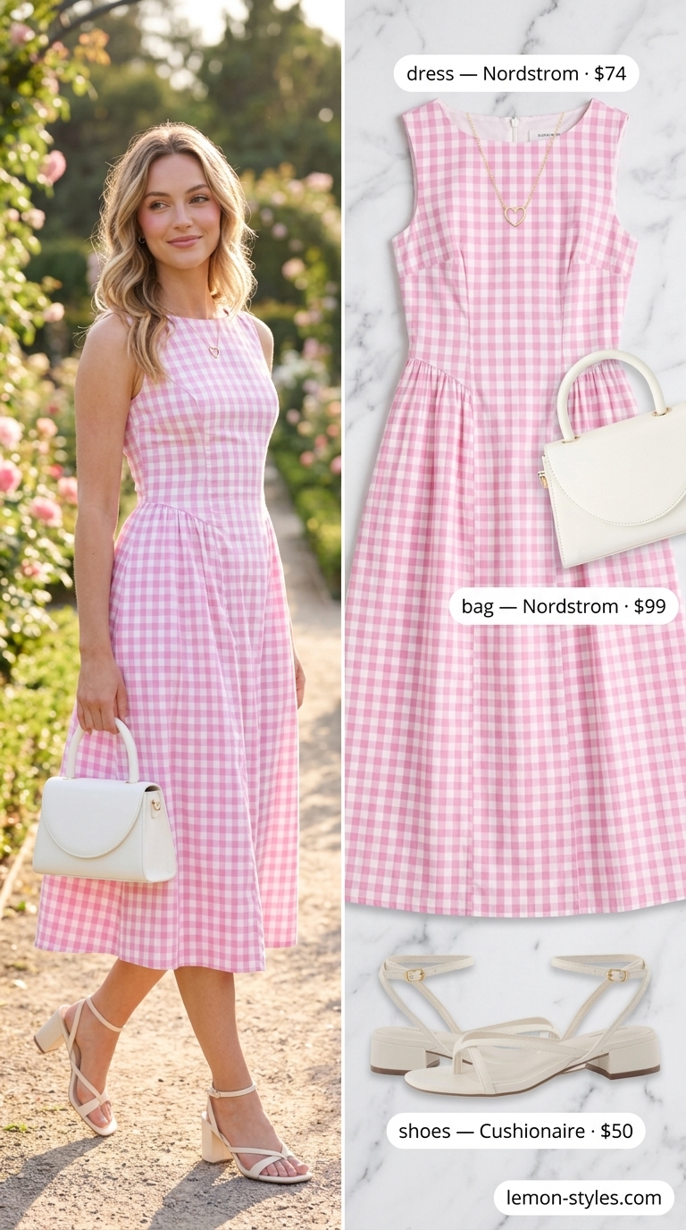 Pastel pink gingham fit-and-flare sundress with block heels and gold necklace for garden party 2026.