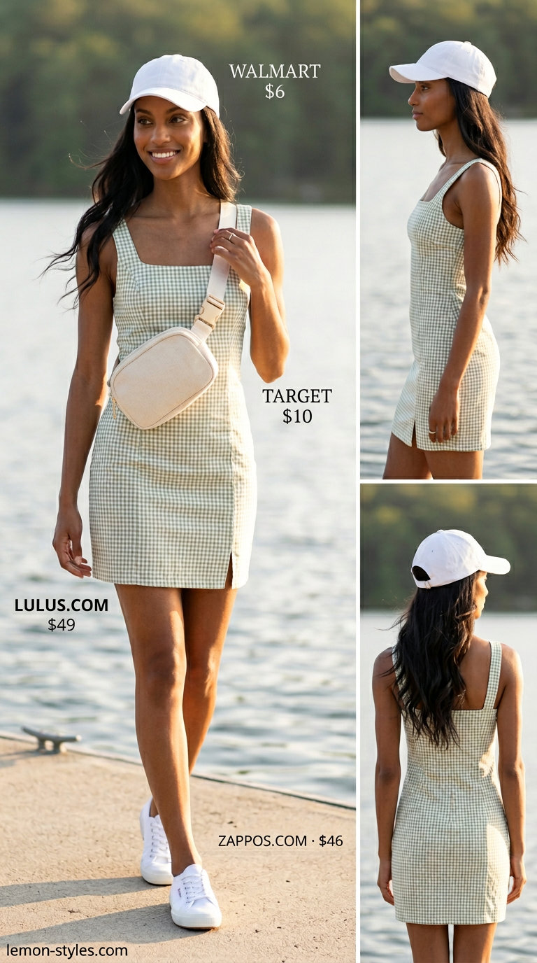 Green and white gingham mini sundress with canvas sneakers, cap, and belt bag for lake day 2026.