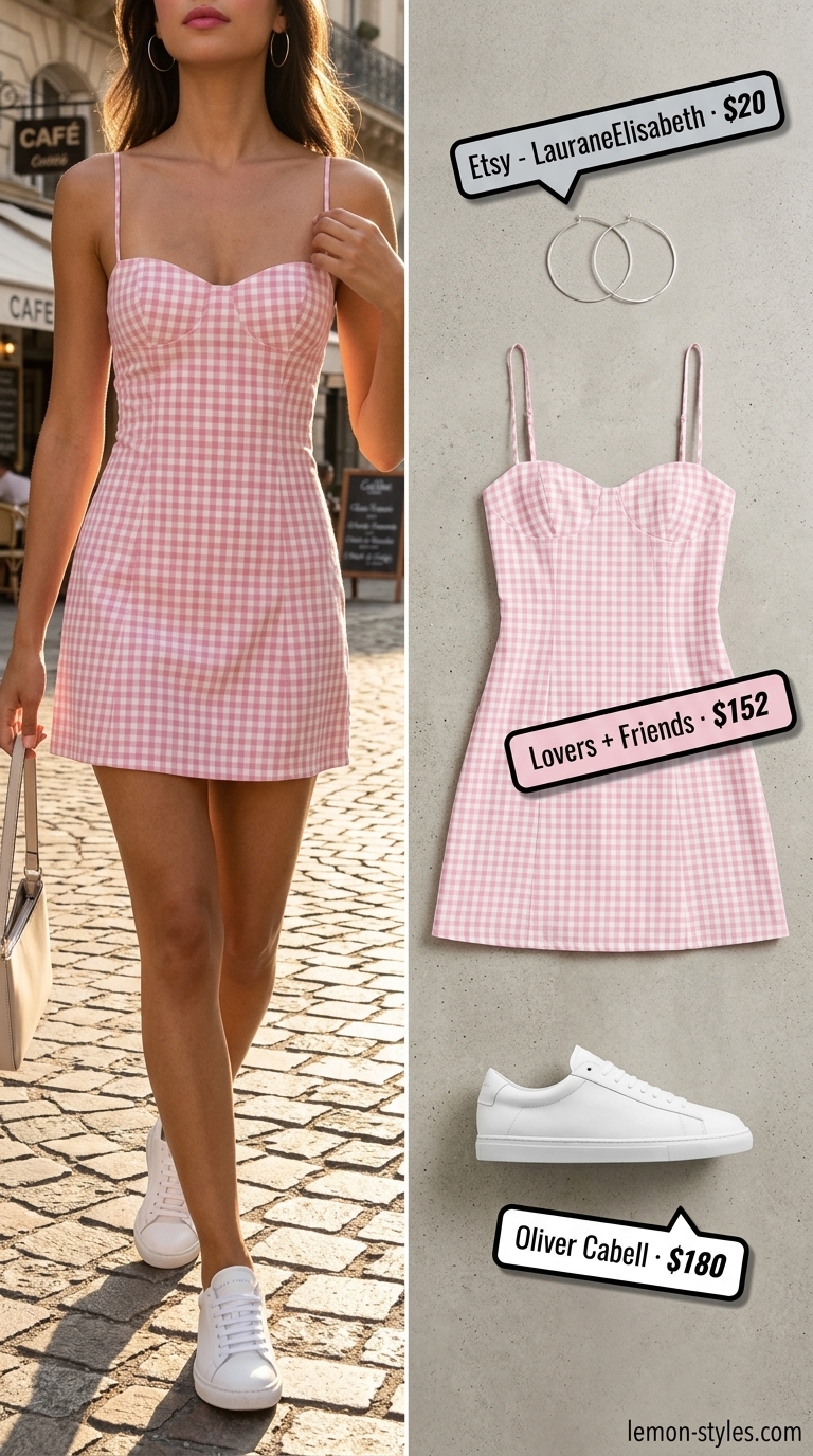 Trendy pink and white gingham mini sundress with sneakers & crossbody bag for a casual brunch. Gingham summer sundresses 2026.