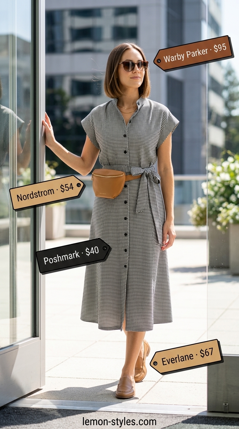 Chic black and white gingham shirtdress with loafers & belt bag for office casual. Gingham summer sundresses 2026.
