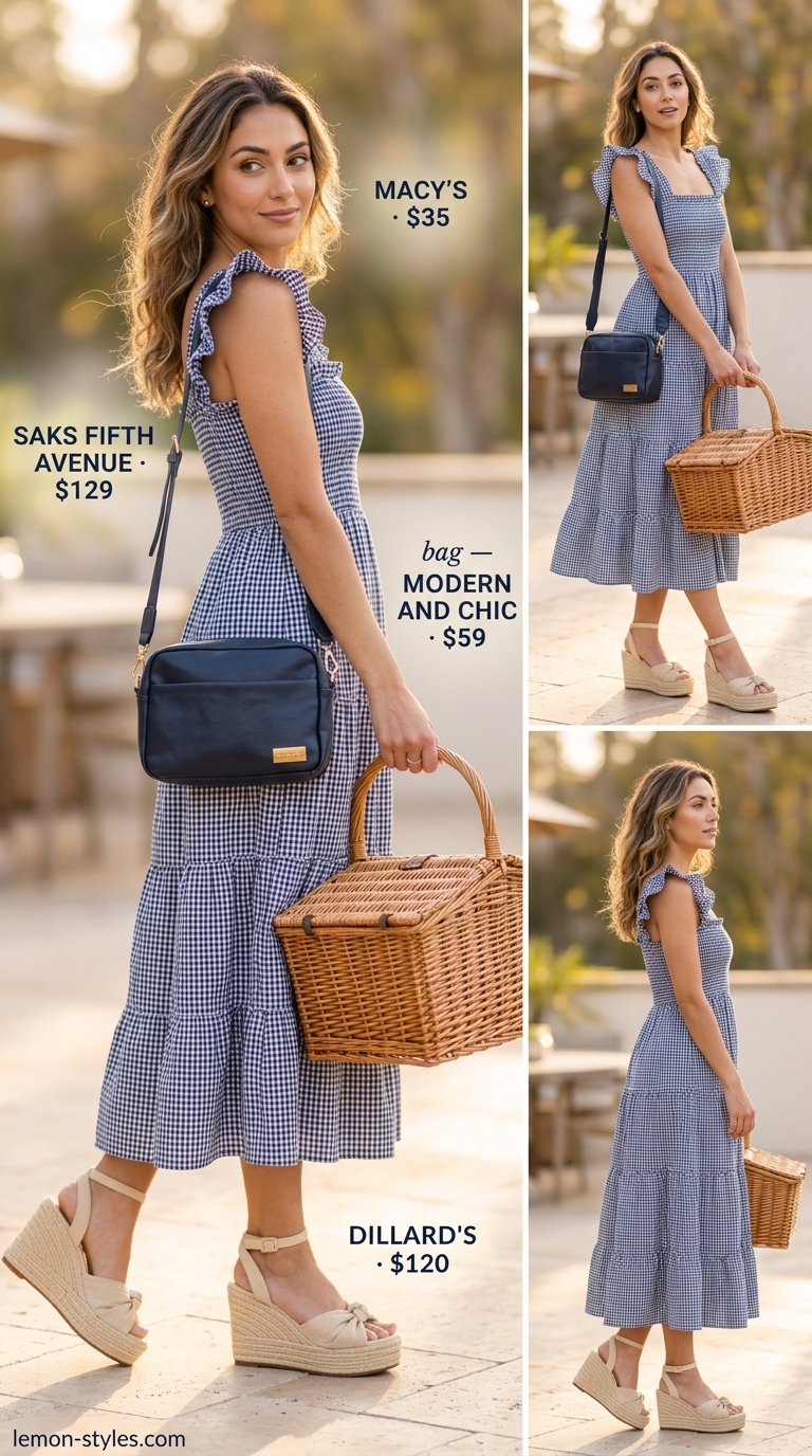 Navy and white gingham midi sundress with puff sleeves, espadrilles, and gold earrings for picnic outfits 2026.