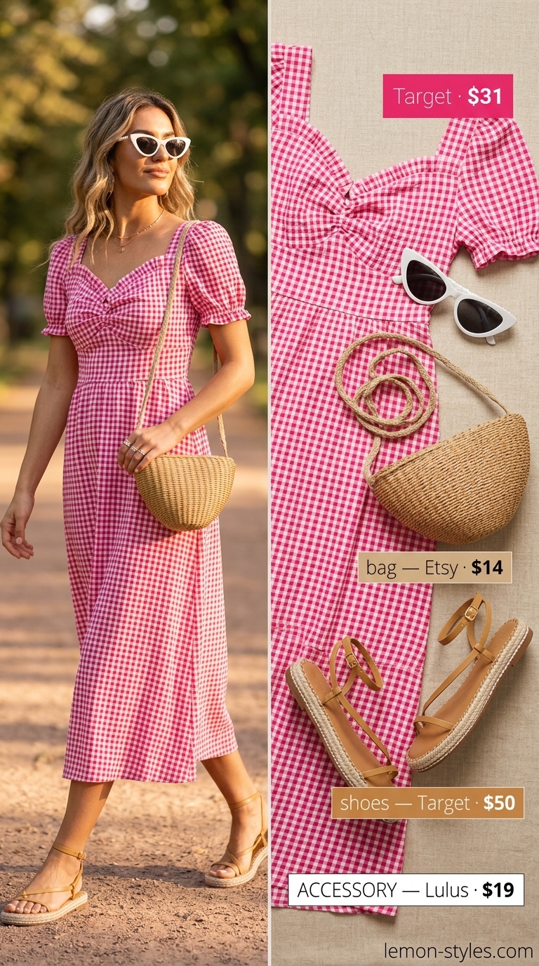 Red and white gingham midi sundress with puff sleeves, espadrilles, and cat-eye sunglasses for picnic 2026.