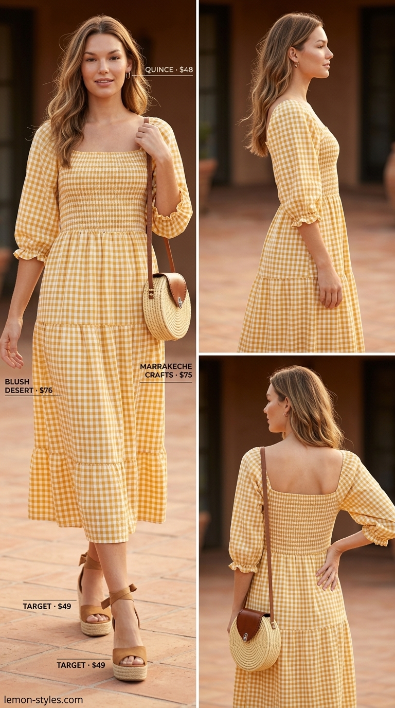 Yellow and white gingham tiered midi sundress with off-shoulder, espadrilles, and gold earrings for brunch 2026.
