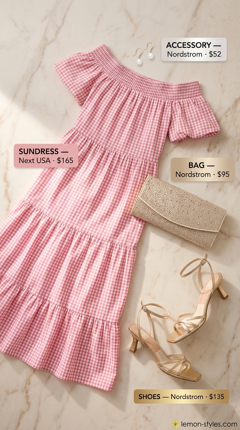 Blush pink gingham maxi sundress with strappy heels, clutch, and pearl earrings for evening 2026.