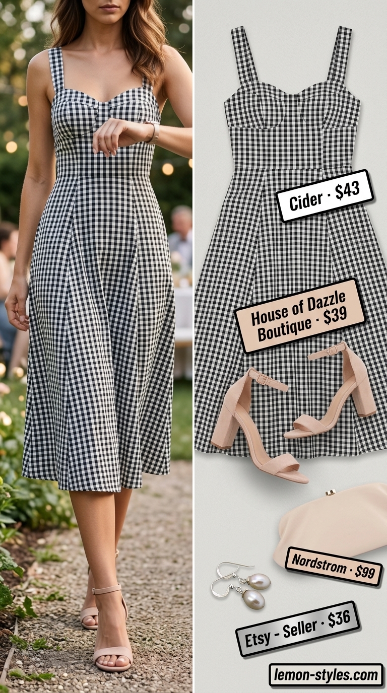 Romantic powder blue gingham midi sundress with sweetheart neckline & block heels for a wedding guest. Gingham summer sundresses 2026.