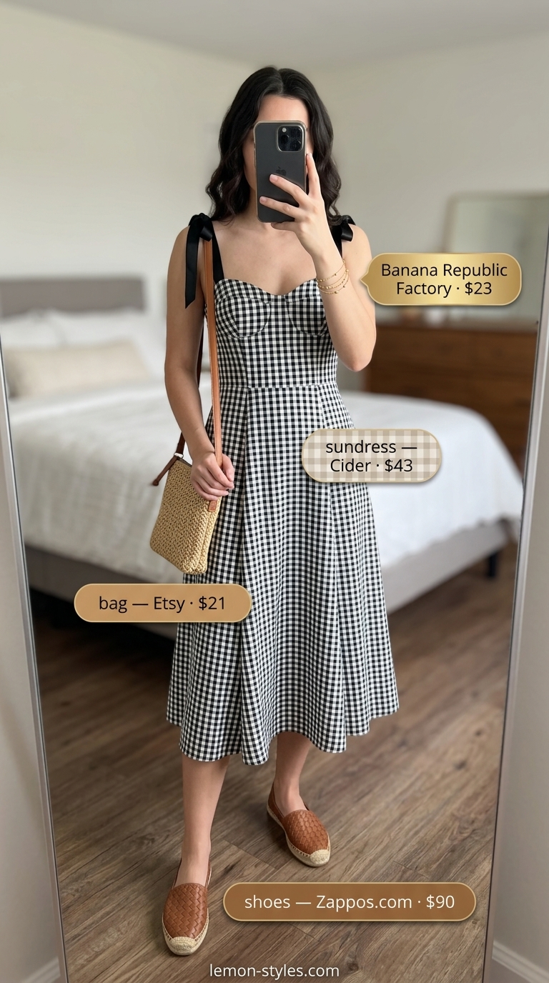 Yellow gingham sweetheart sundress with flat espadrilles and straw crossbody for picnic 2026.