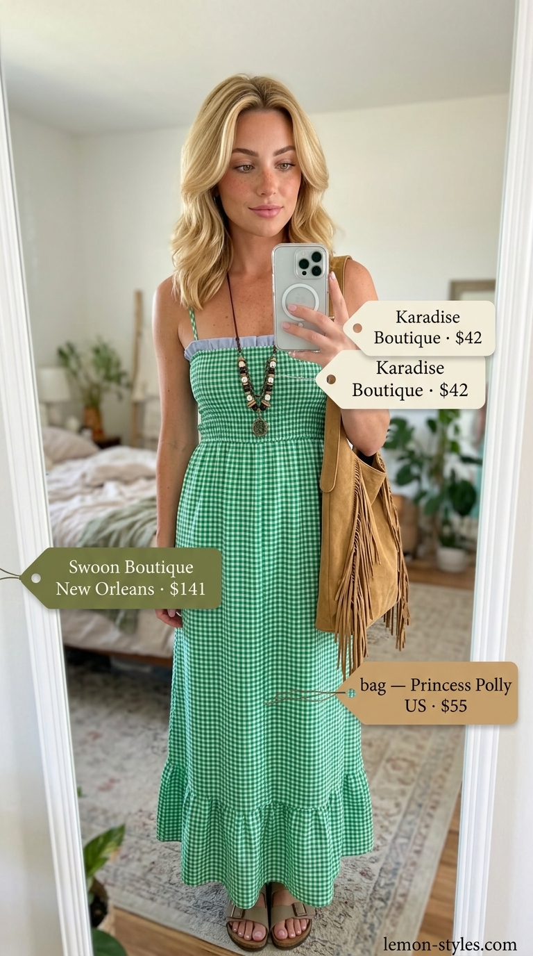 Olive gingham off-the-shoulder maxi sundress with boots. Gingham summer sundresses 2026.