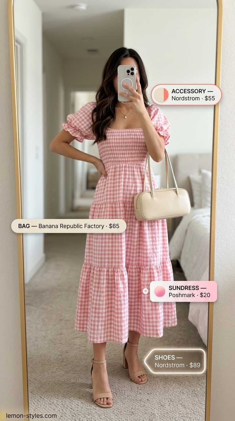 Pastel pink gingham midi sundress with block heels. Gingham summer sundresses 2026.