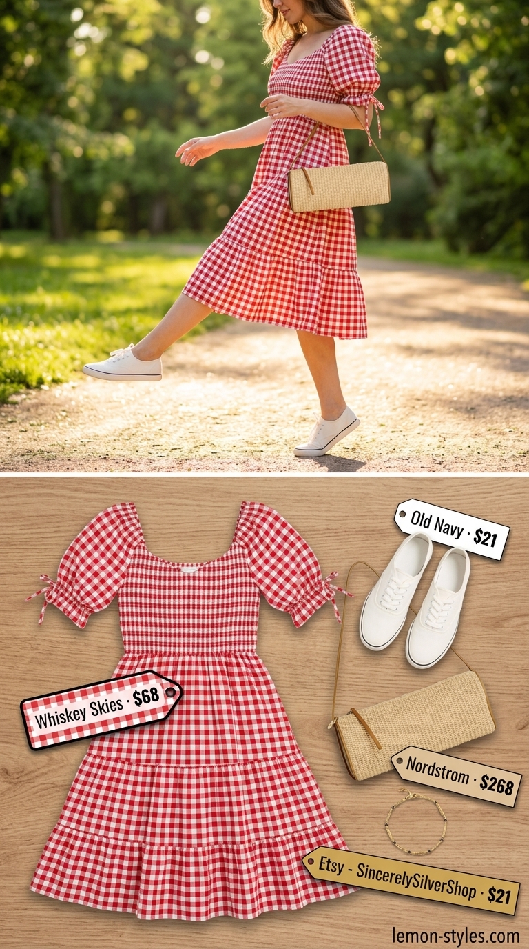 Red gingham midi sundress with puff sleeves and straw bag. Gingham summer sundresses 2026.