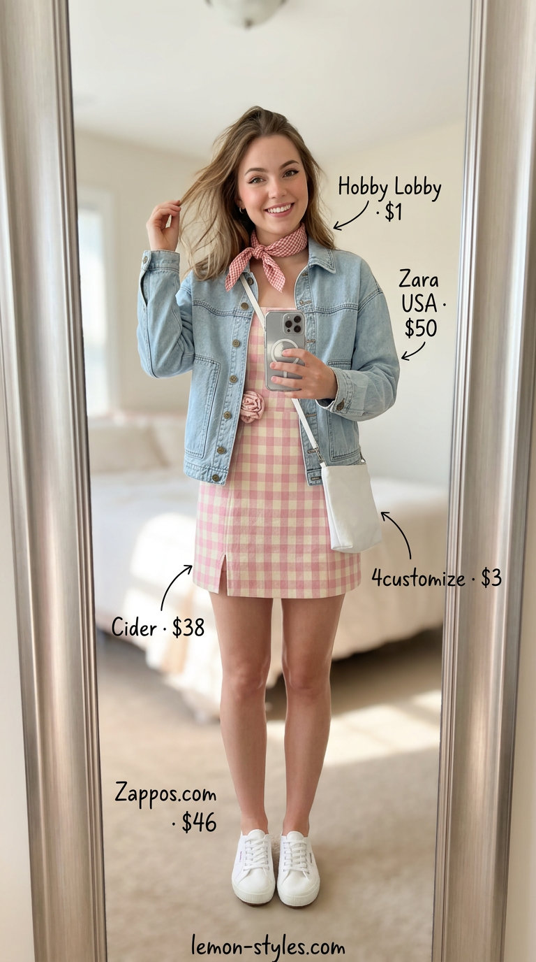 Pink gingham fit-and-flare sundress with denim jacket. Gingham summer sundresses 2026.