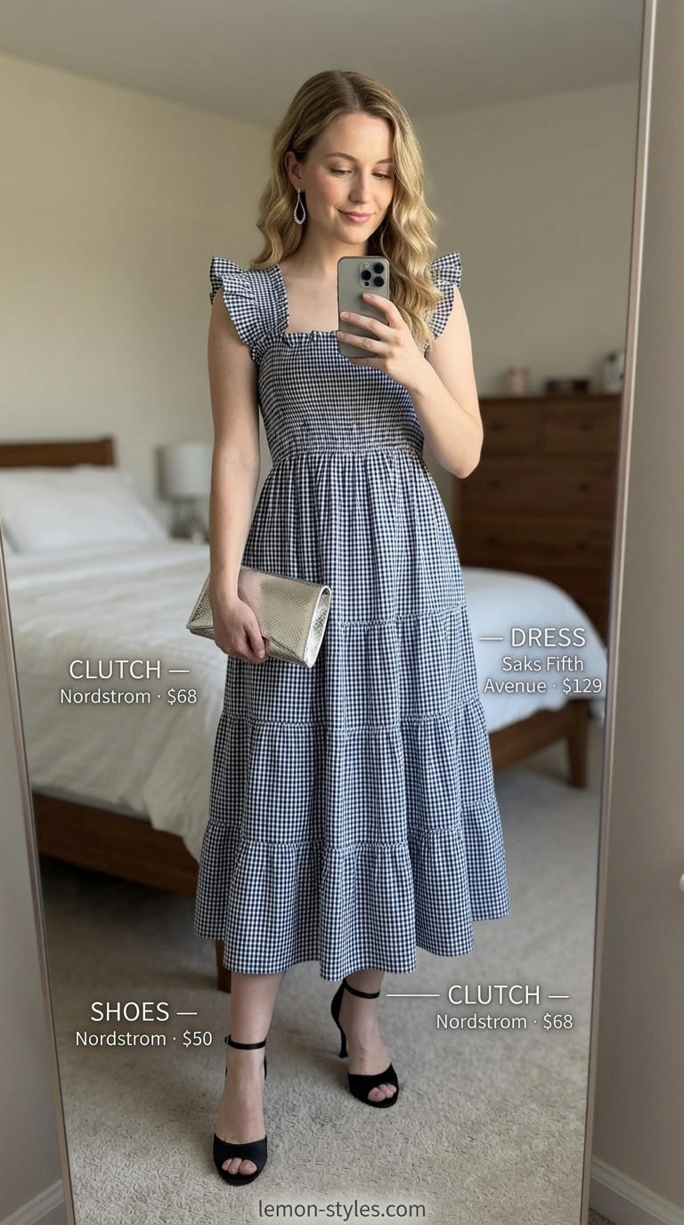 Navy gingham midi sundress with silver earrings and heels. Gingham summer sundresses 2026.