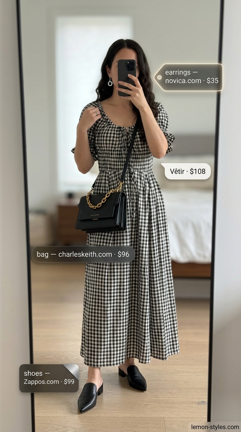 Black gingham midi wrap sundress with silver earrings. Gingham summer sundresses 2026.