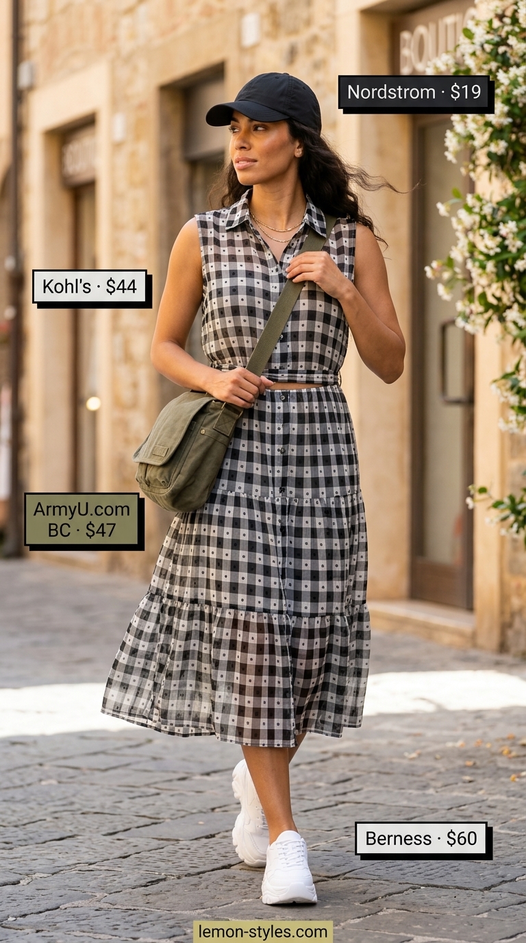 Black gingham utilitarian shirtdress with sneakers and cap. Gingham summer sundresses 2026.