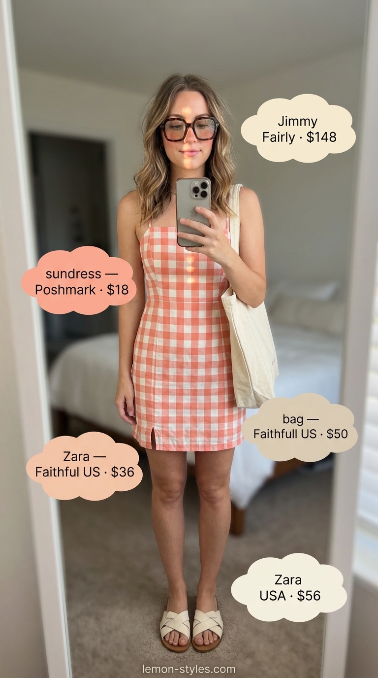Coral gingham sundress with white sandals for vacation sightseeing. Gingham summer sundresses 2026.