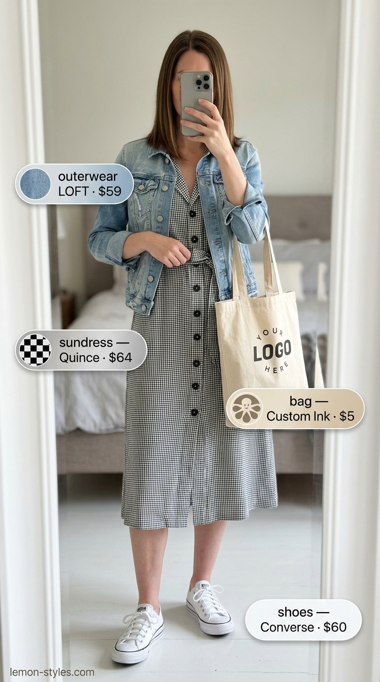 Black gingham mini sundress with denim jacket and sneakers. Gingham summer sundresses 2026.