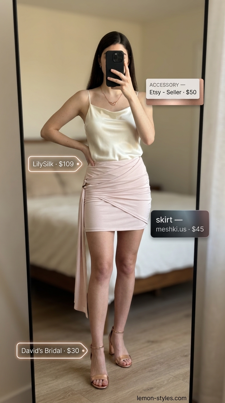 Glam Summer Outfits 2026: Blush & Sparkle Rendezvous Glam summer going out outfits women 2026: Blush pink sequin mini skirt, ivory cami, rose gold heels.