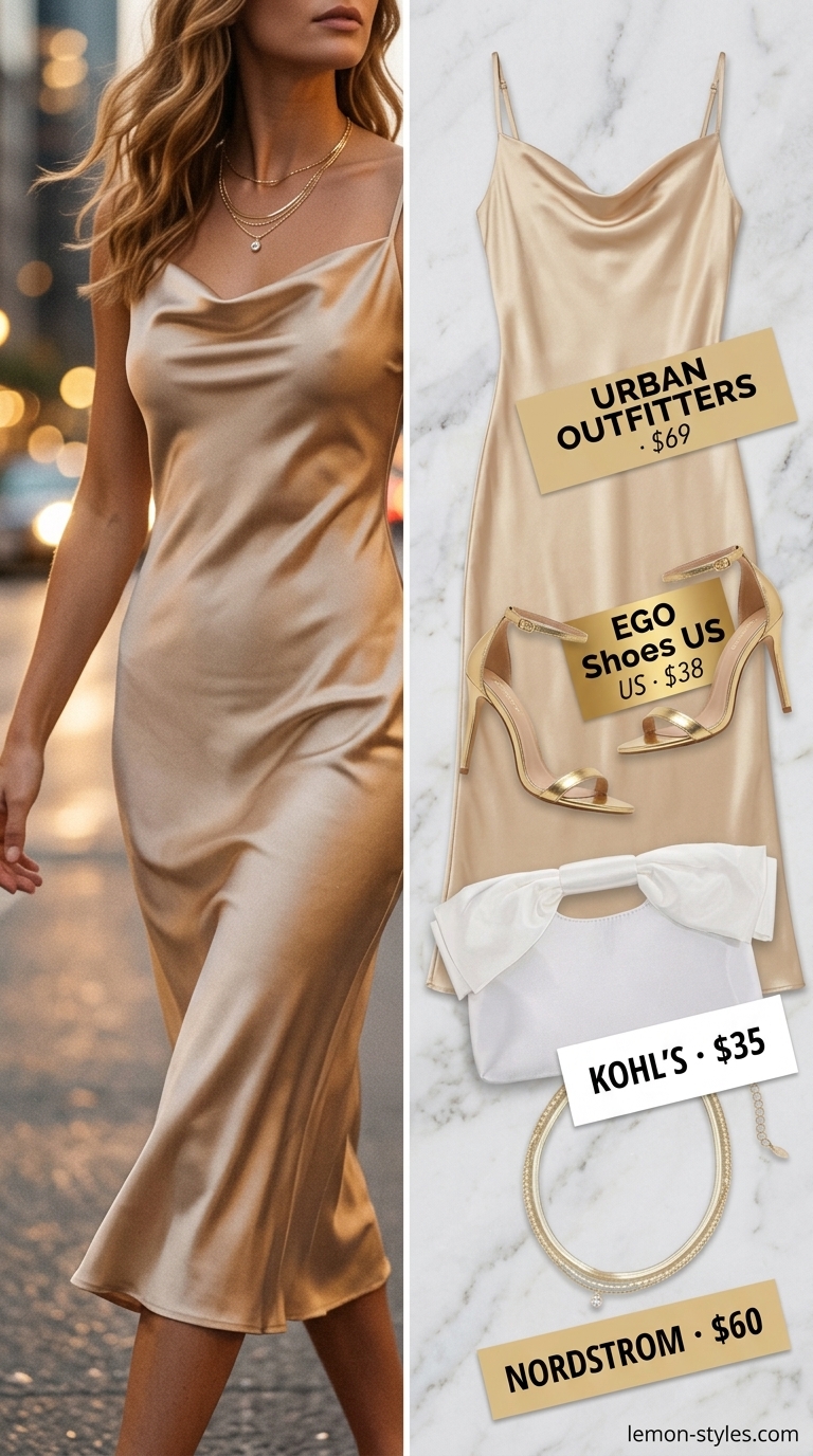 Elegant Glam Summer Outfits 2026 Glam summer going out outfits for women 2026: Champagne satin slip dress with gold jewelry and strappy sandals for a date night.