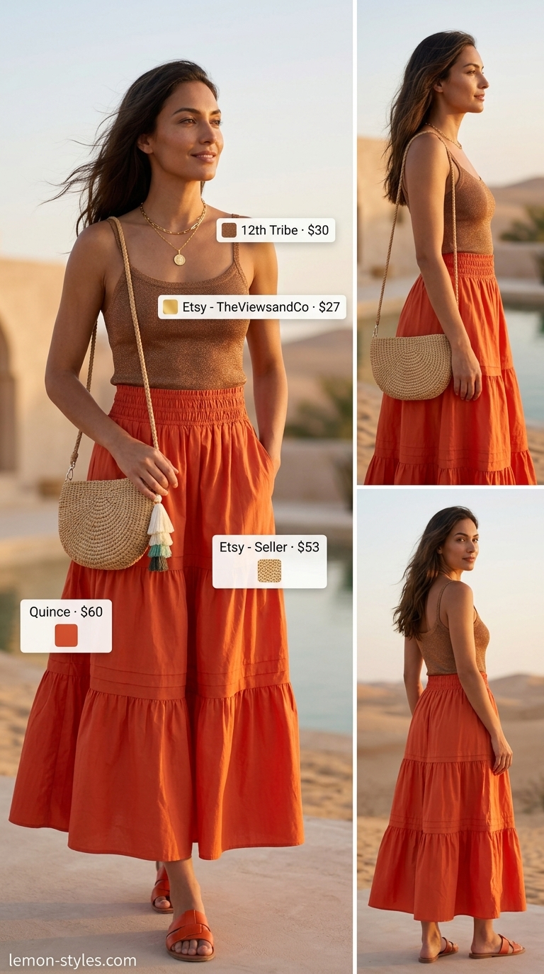 Bohemian Glam Summer Outfits 2026 Glam summer going out outfits for women 2026: Flowy terracotta skirt, bronze metallic crop top, and straw bag for a bohemian vibe.