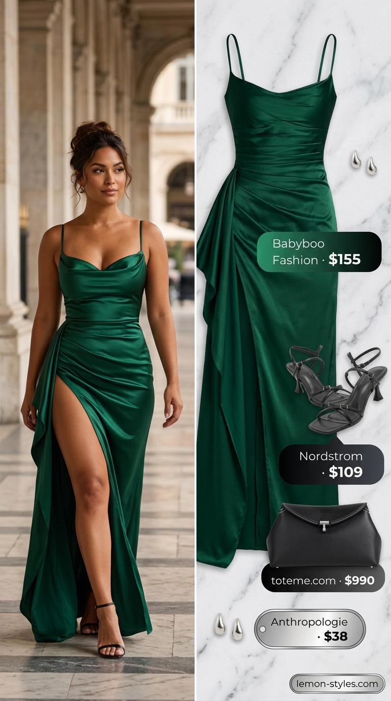 Glam Summer Outfits 2026: Emerald City Nights Glam summer going out outfits women 2026: Emerald green satin slip dress, black sandals, silver earrings.