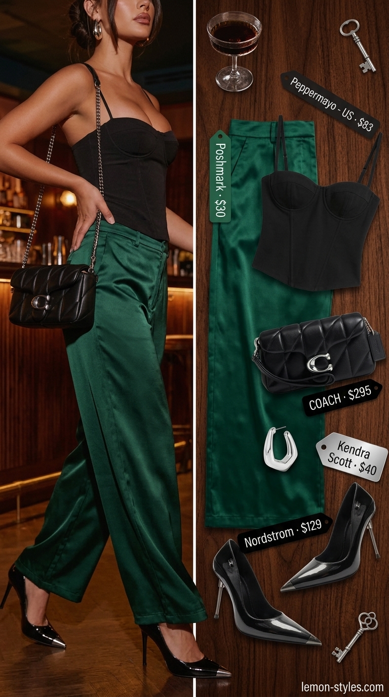 Glam Summer Outfits 2026: Emerald City Nights Glam summer going out outfits women 2026: Emerald green satin pants, black corset top, silver hoops.