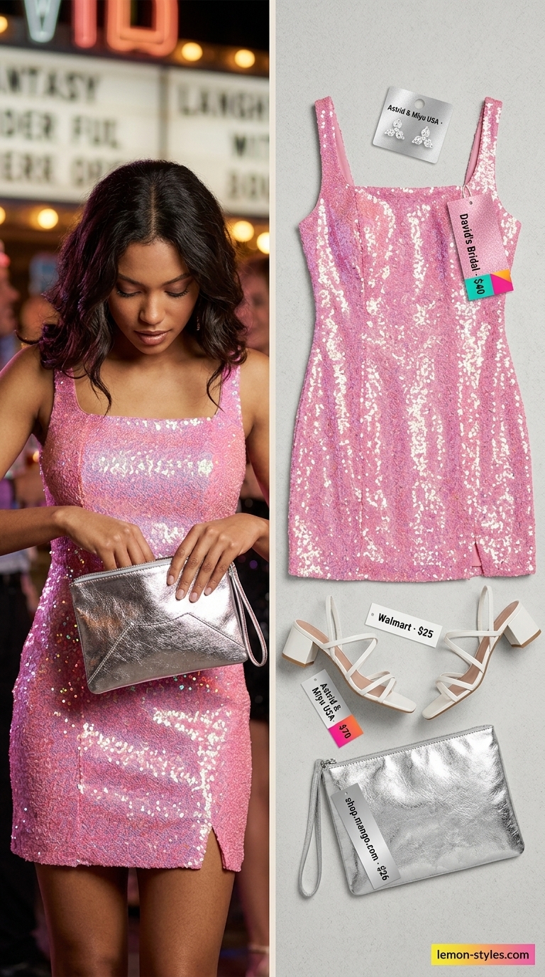 Glam Summer Outfits 2026: Iridescent Disco Dream Glam summer going out outfits women 2026: Iridescent sequin mini dress, white block heels, silver clutch.