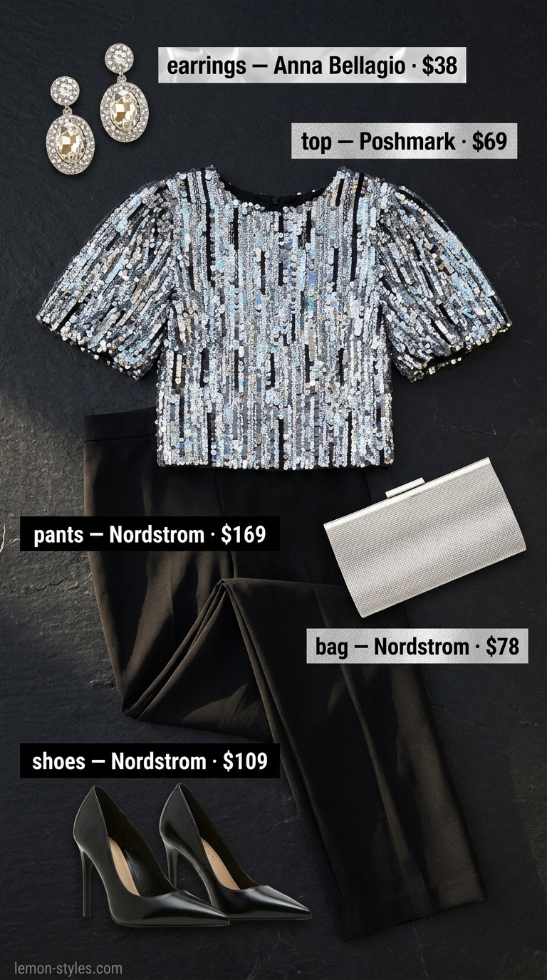 Glam summer going out outfits for women 2026: Iridescent sequin crop top with black trousers and crystal clutch for a night out.