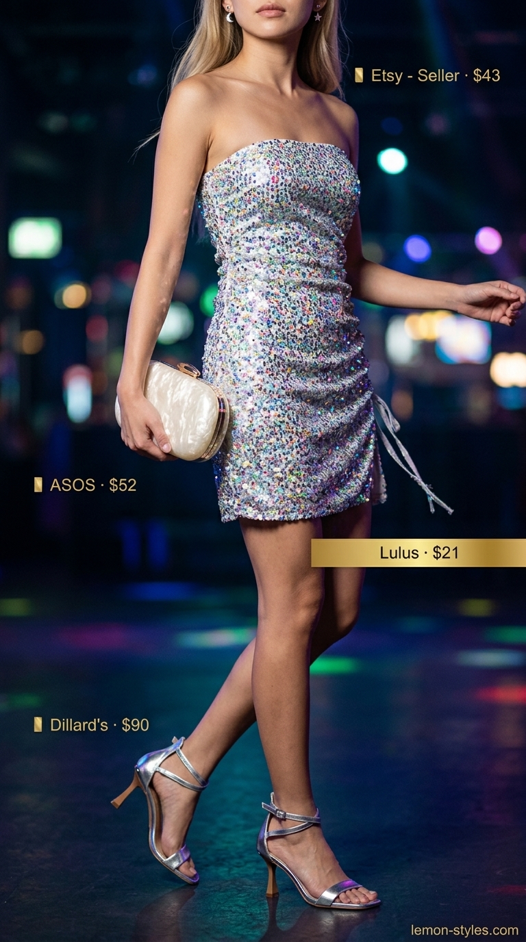 Festive Glam Summer Outfits 2026 Glam summer going out outfits for women 2026: Silver sequin bodycon mini dress with metallic sandals for a club night.