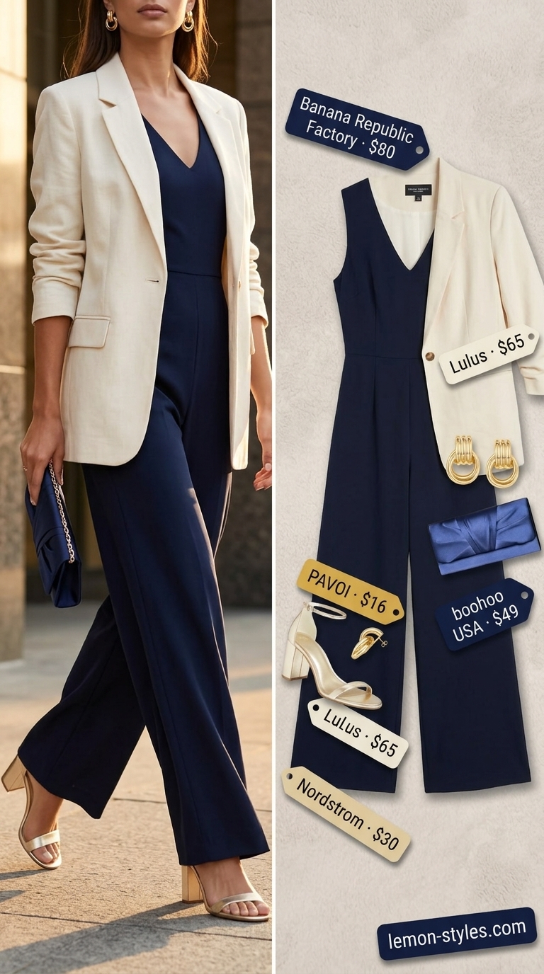 Formal Glam Summer Outfits 2026 Glam summer going out outfits for women 2026: Navy blue wide-leg jumpsuit with a cream blazer for a formal event.