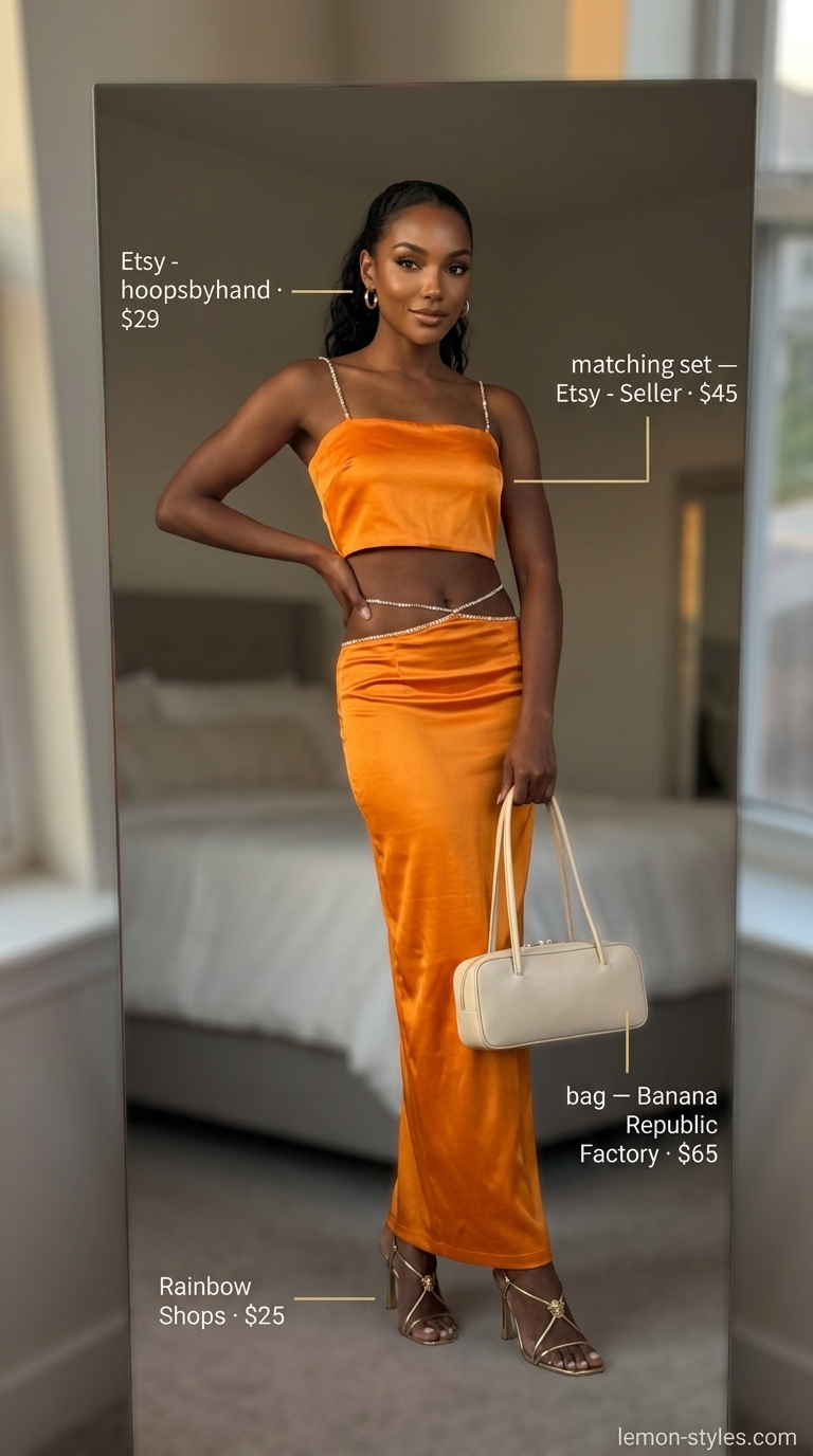 Trendy Glam Summer Outfits 2026 Glam summer going out outfits for women 2026: Sunset orange satin crop top and midi skirt set with gold accessories.