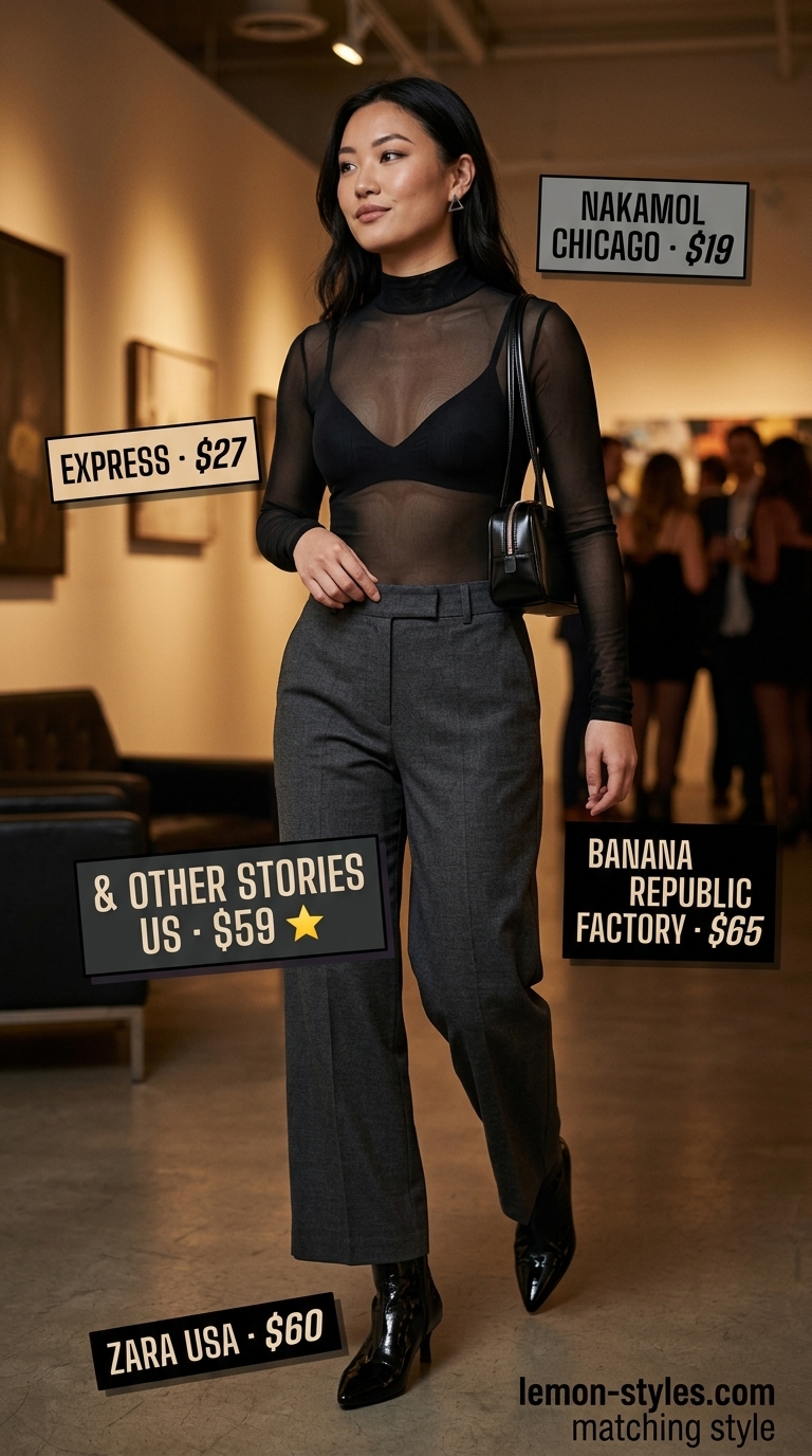 Glam Summer Outfits 2026: Urban Edge After Hours Glam summer going out outfits women 2026: Charcoal gray trousers, sheer black top, ankle boots.