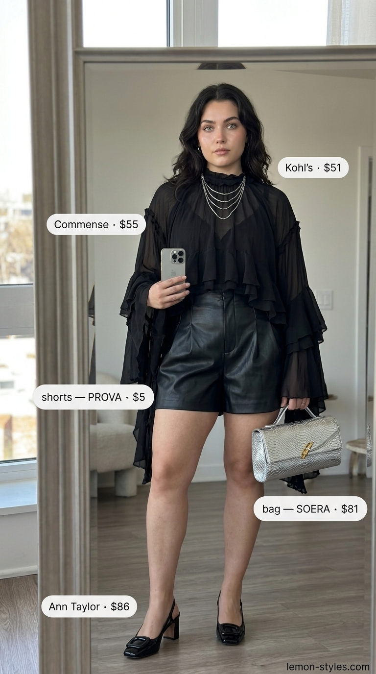 Edgy Glam Summer Outfits 2026 Glam summer going out outfits for women 2026: Edgy black faux leather shorts, sheer blouse, and silver accessories for a concert.