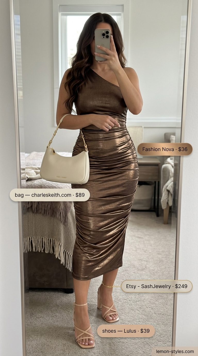 Glam Summer Going Out Outfits 2026: Bronze Midi Dress Glam summer going out outfit: bronze metallic midi dress, nude heels, cream bag. Perfect for date night 2026.