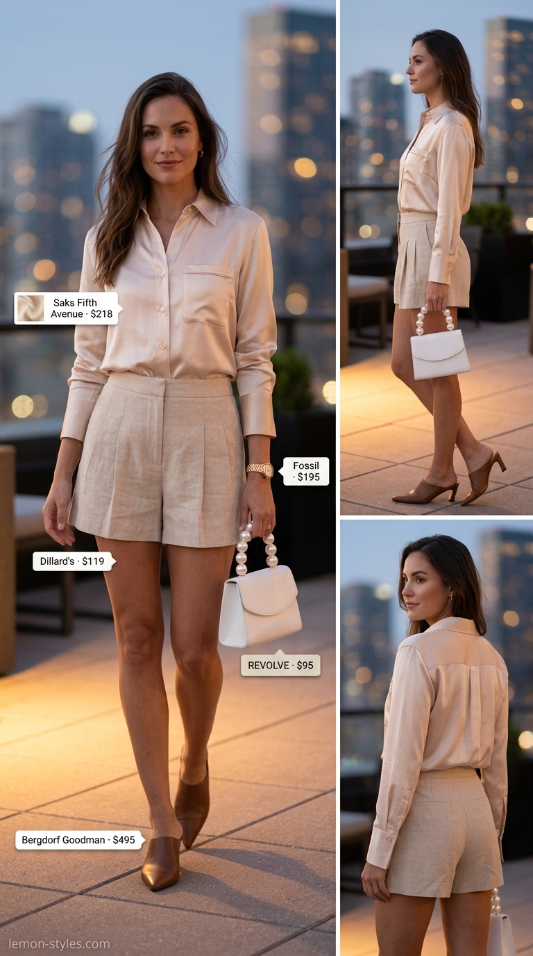 Glam Summer Going Out Outfits 2026: Champagne Blouse & Shorts Glam summer going out outfit: champagne blouse, beige shorts, nude mules, gold watch. Perfect for rooftop bars 2026.