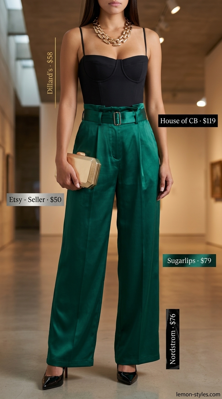Glam Summer Going Out Outfits 2026: Emerald Satin Pants Glam summer going out outfit: emerald green satin pants, black corset top, gold jewelry. Perfect for cocktail parties 2026.