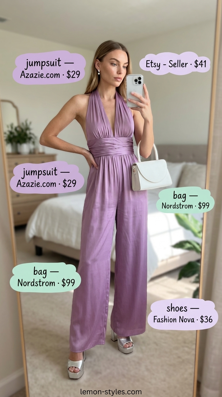 Glam Summer Going Out Outfits 2026: Lilac Romper Glam summer going out outfit: lilac satin romper, silver platform heels, white bag. Perfect for summer parties 2026.