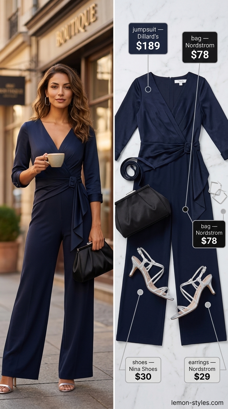 Glam Summer Going Out Outfits 2026: Navy Jumpsuit Glam summer going out outfit: navy satin jumpsuit, silver heels, structured clutch. Perfect for formal dinners 2026.