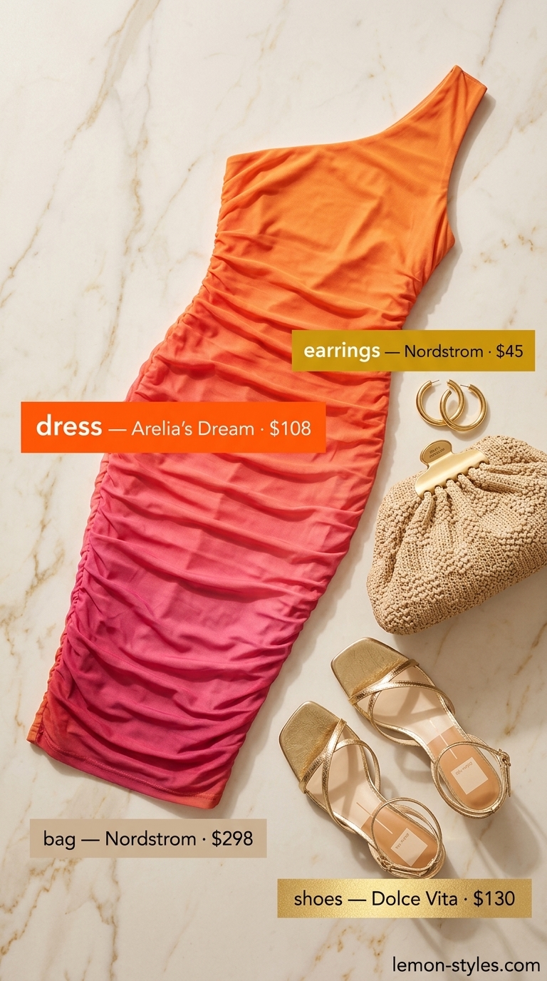 Glam Summer Going Out Outfits 2026: Ombre Midi Dress Glam summer going out outfit: sunset ombre midi dress, gold heels, woven clutch. Perfect for resort evenings 2026.