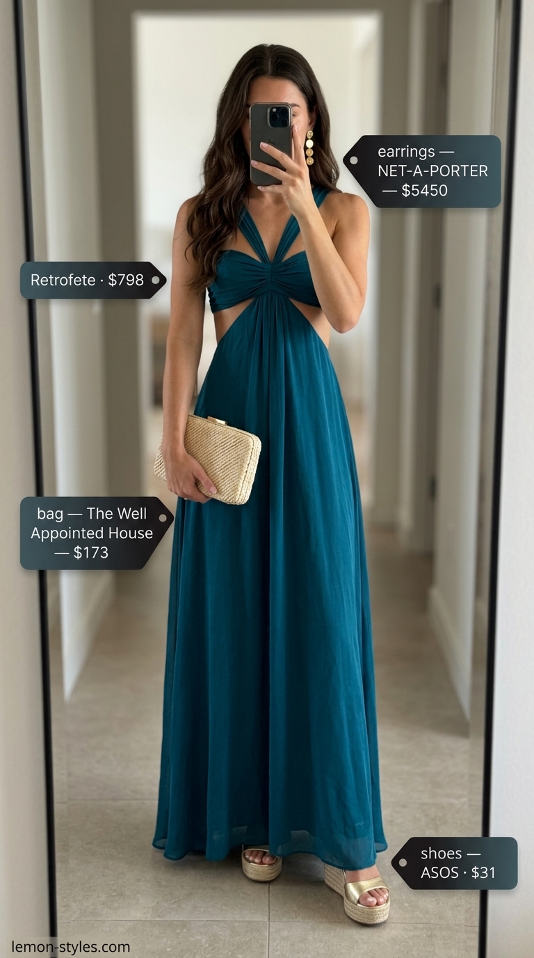Glam Summer Going Out Outfits 2026: Teal Maxi Dress Glam summer going out outfit: deep teal maxi dress, gold espadrilles, straw clutch. Perfect for summer galas 2026.