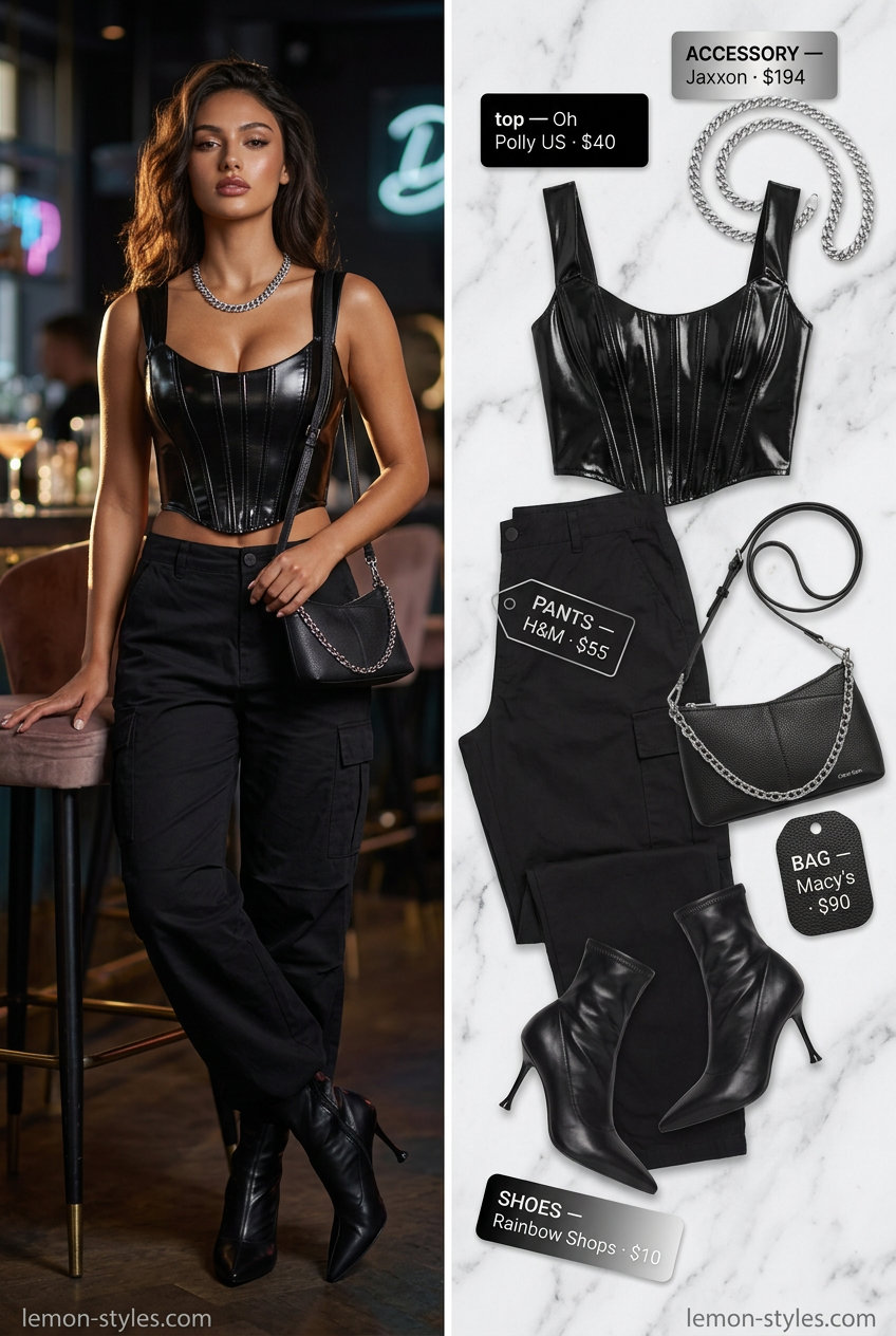 Edgy black cargo pants outfit for women 2026, with a corset top and ankle boots for glam summer night out.