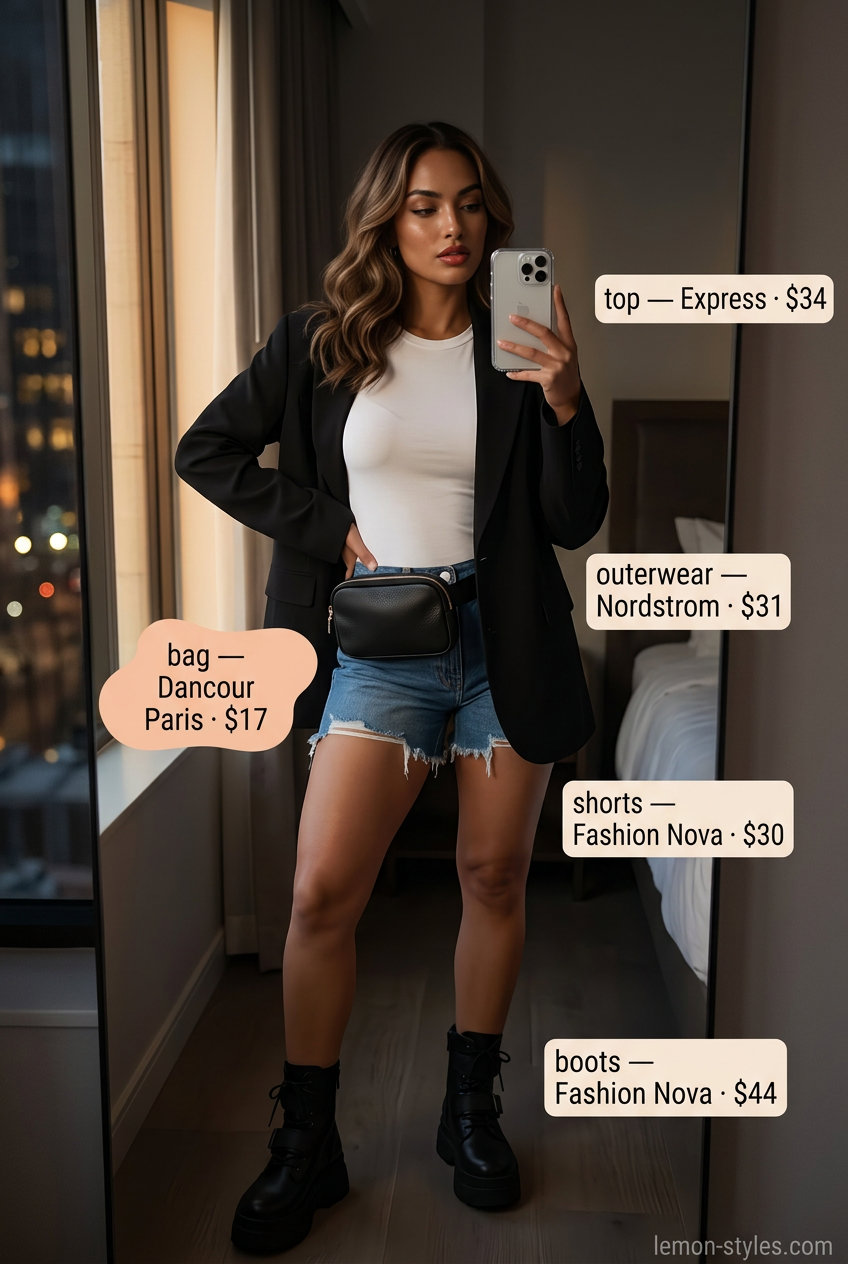 Cool denim shorts and oversized blazer outfit for women 2026, perfect for casual glam summer night out.
